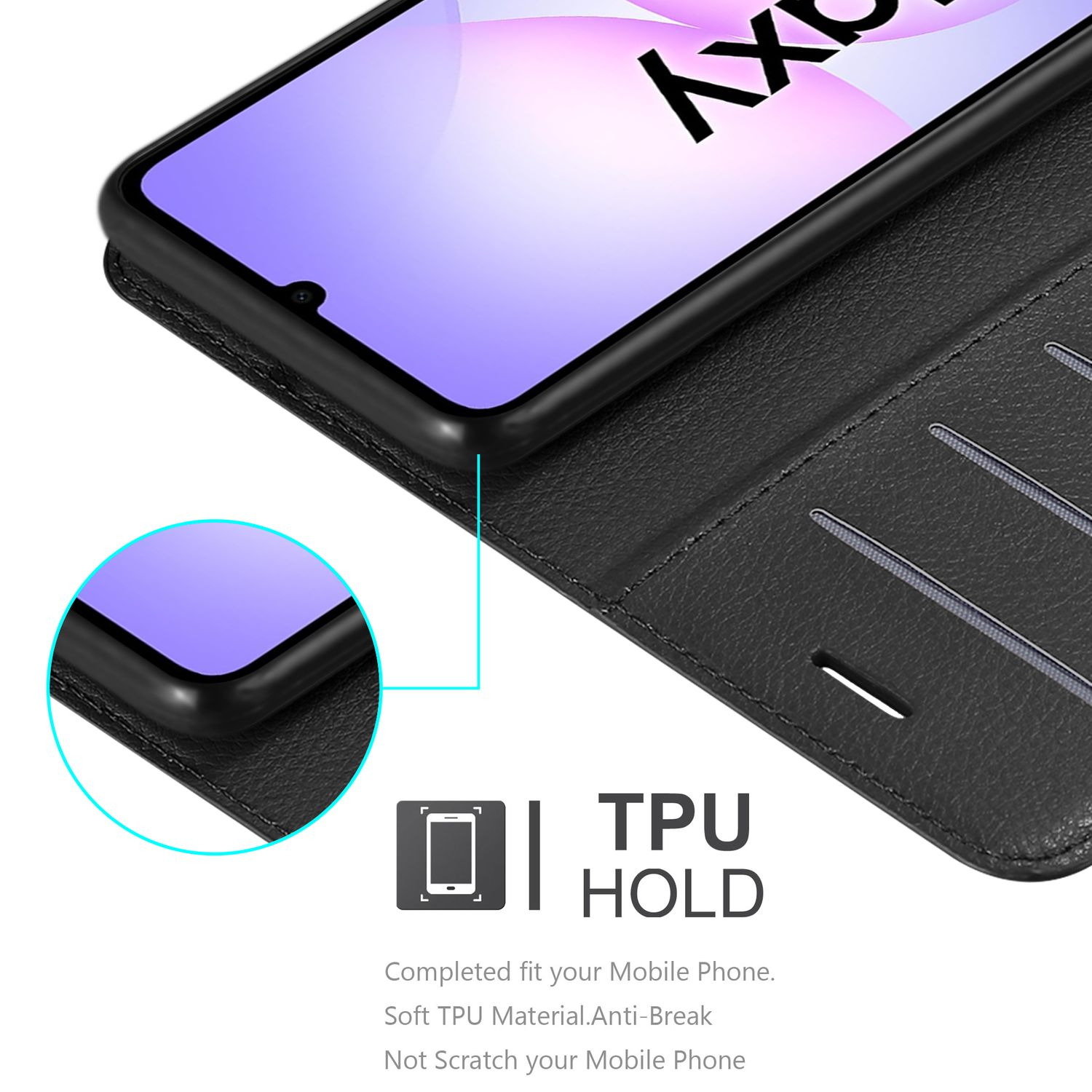 Ein Telefon in einer schwarzen Hülle. Der Bildschirm zeigt ein hellviolettes Design. Die Hülle hat Kartenfächer und ein TPU HOLD Etikett.