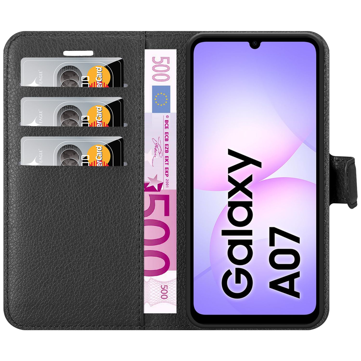 Schwarzes Brieftaschenetui mit einem Telefon, das 'Galaxy A07' anzeigt. Karten und ein 500-Euro-Schein sind in der Brieftasche.