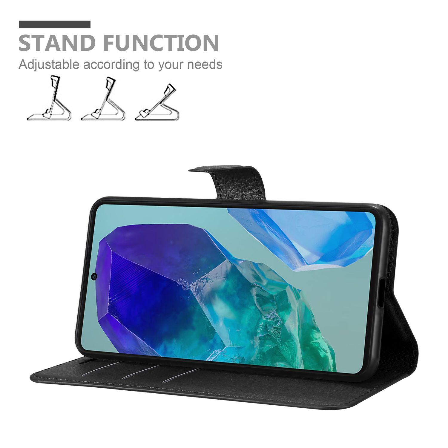 Eine schwarze Handyhülle mit einem Telefon darin ist geöffnet. Das Telefon zeigt ein blaues und grünes abstraktes Bild. Text oben: Standfunktion.