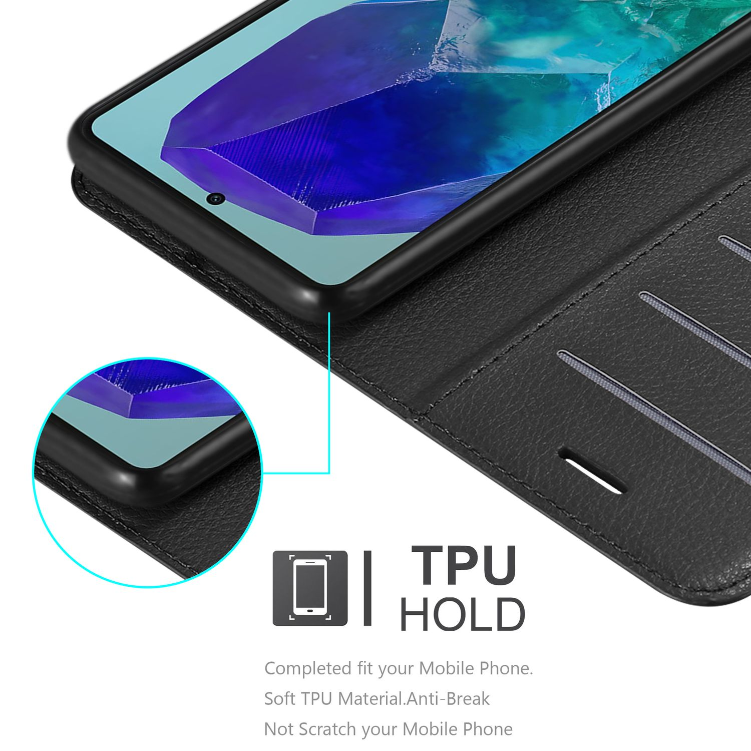 Ein Telefon in einer schwarzen Hülle. Der Bildschirm zeigt ein blau-weißes abstraktes Design. TPU HOLD Text ist sichtbar.