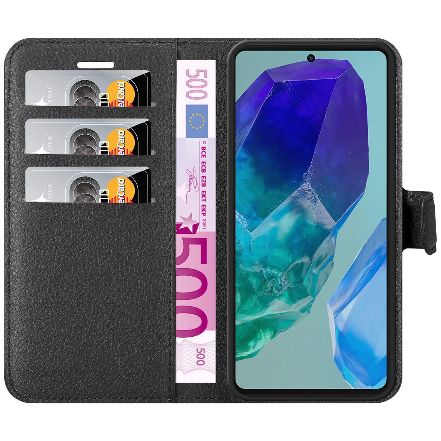Eine Handyhülle mit einem Handy, das ein Kristallbild, Kreditkarten und einen 500-Euro-Schein zeigt.