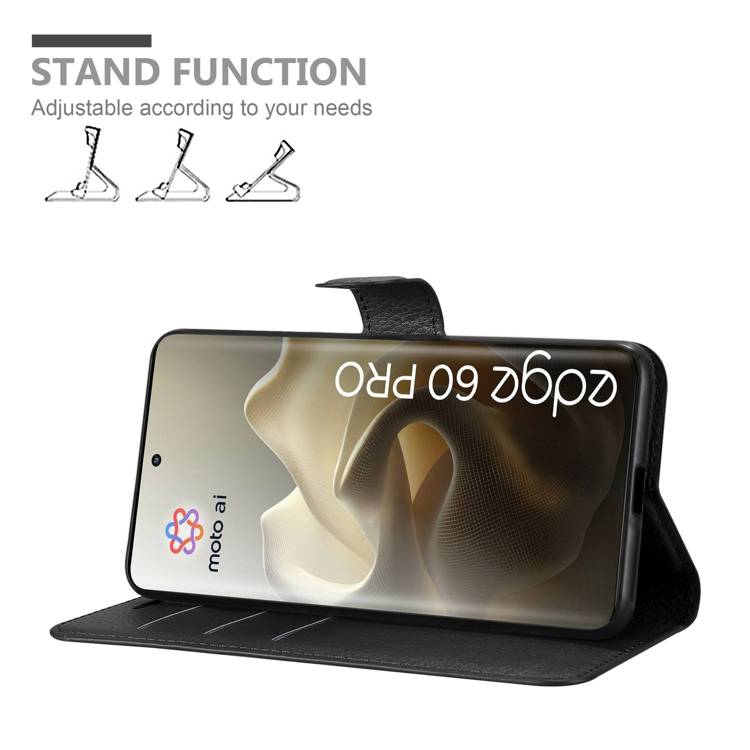 Schwarze Handyhülle mit Telefon. Auf dem Telefon steht 'edge 60 PRO'. Standfunktion wird beworben.