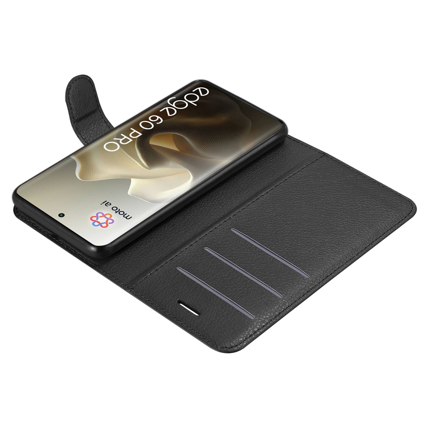 Ein schwarzes Motorola Edge 60 Pro Smartphone in einer offenen schwarzen Brieftasche. Der Bildschirm zeigt ein verschwommenes Bild.