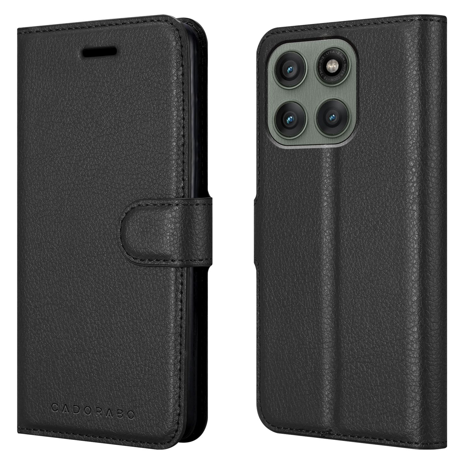 Schwarze Leder-Handyhülle, geöffnet, um das Telefon freizugeben. Die Hülle hat einen Magnetverschluss. Das Telefon hat mehrere Kameras.