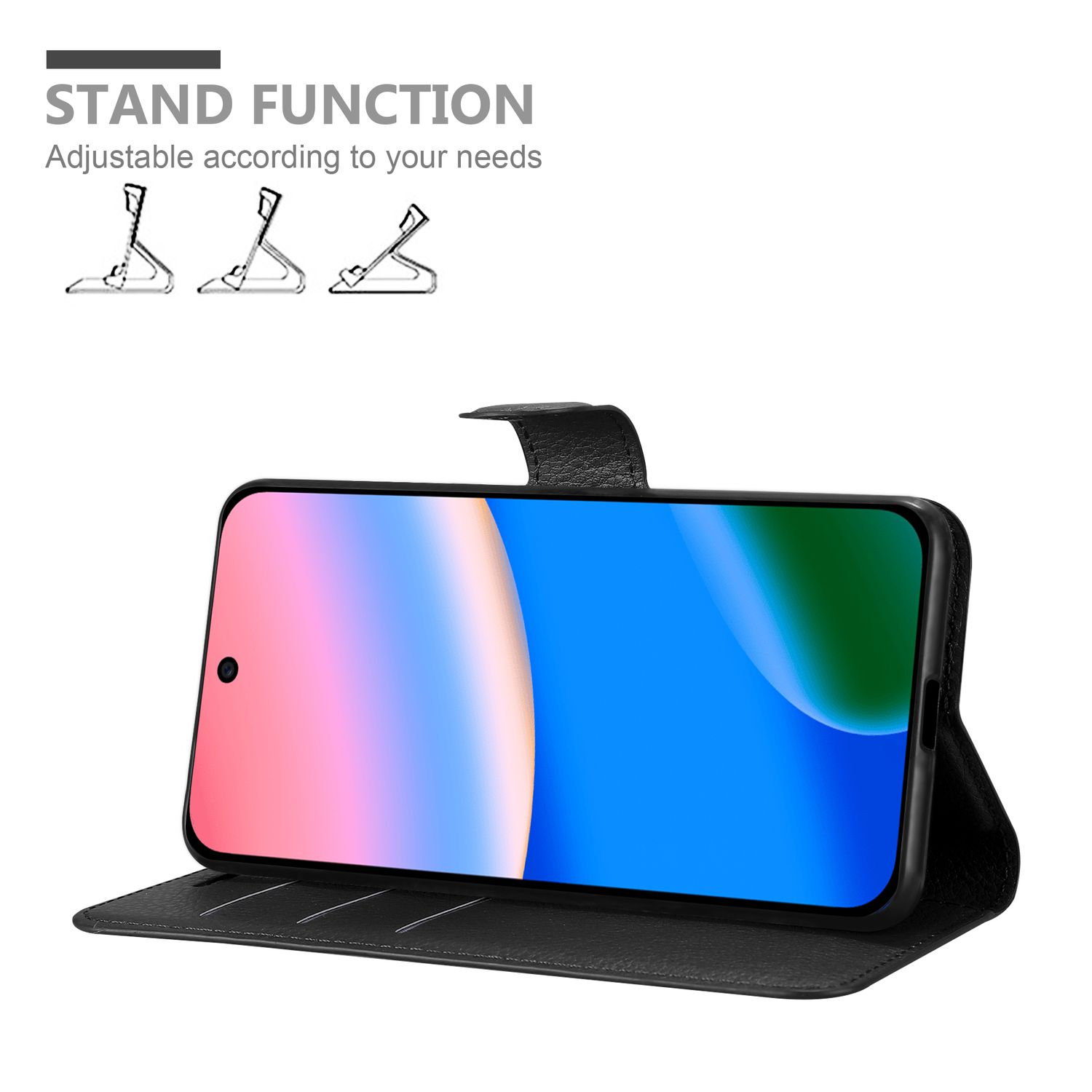 Ein Telefon in einer schwarzen Hülle ist geöffnet und zeigt einen blau-grünen Bildschirm. Über dem Text steht Standfunktion. Drei Ständeroptionen werden gezeigt.