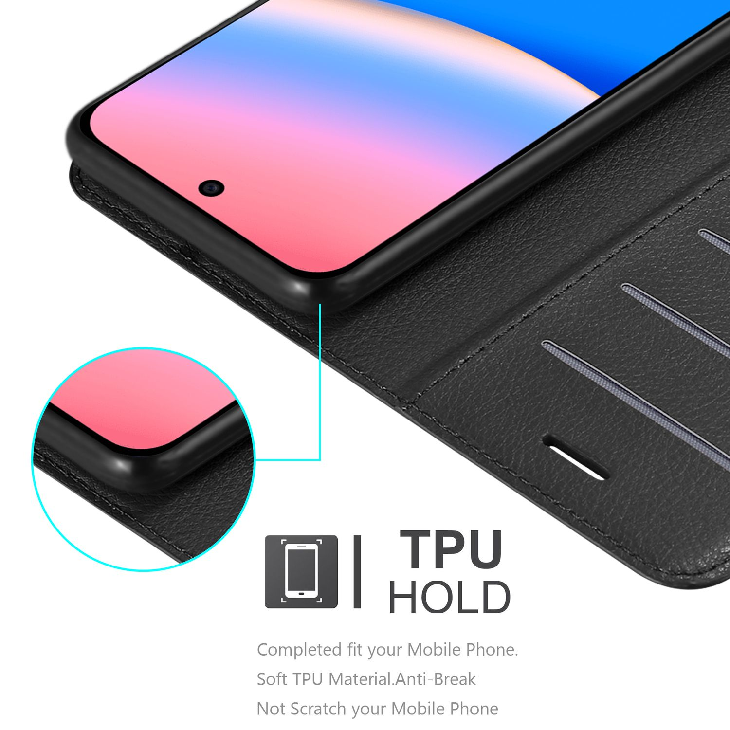 Ein Telefon in einer schwarzen Hülle. Der Bildschirm zeigt rosa und blaue Farbtöne. Die Hülle ist offen, mit Kartenfächern.
