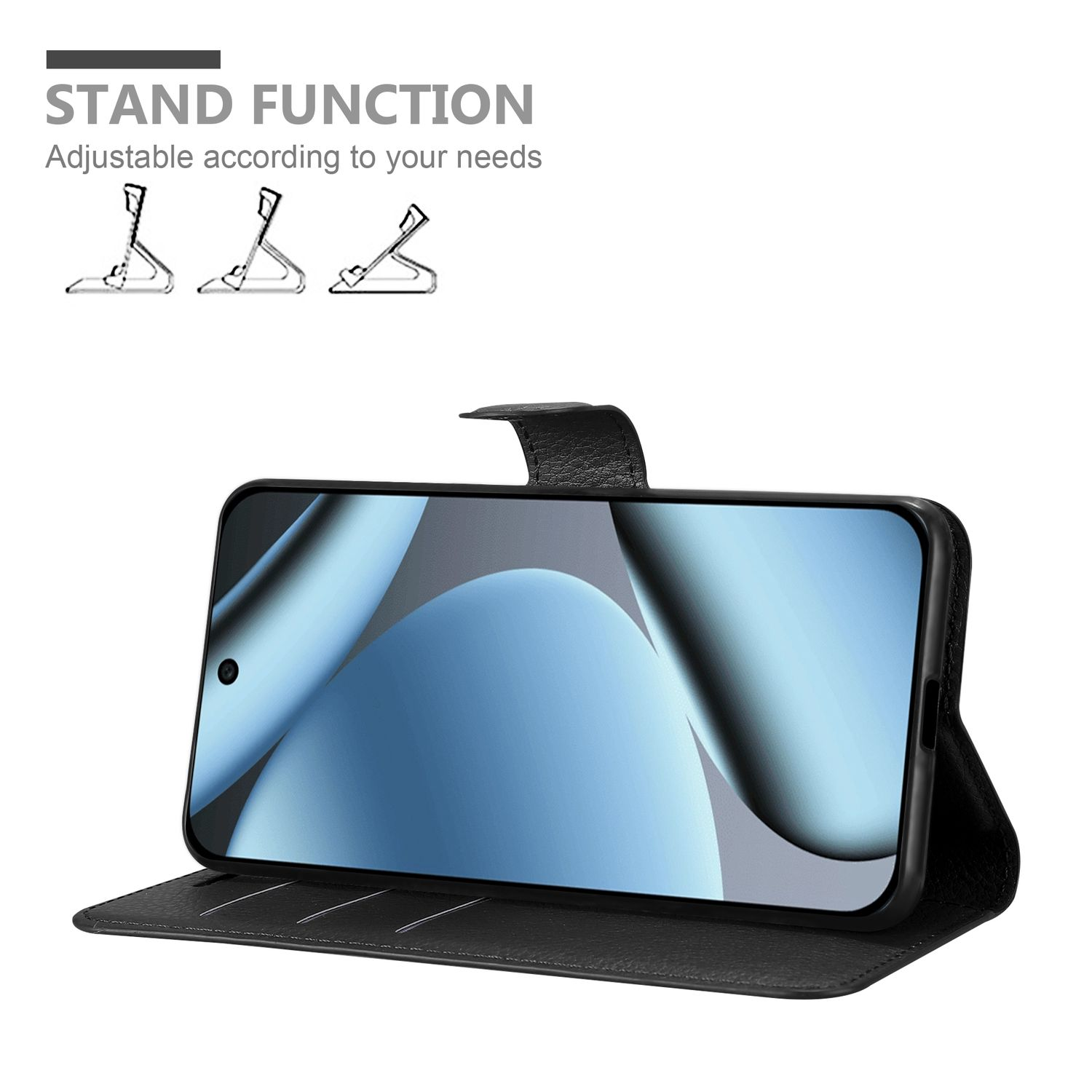 Schwarze Handyhülle mit Telefon im Inneren, in Standposition. Der Bildschirm zeigt ein blaues, abstraktes Design.