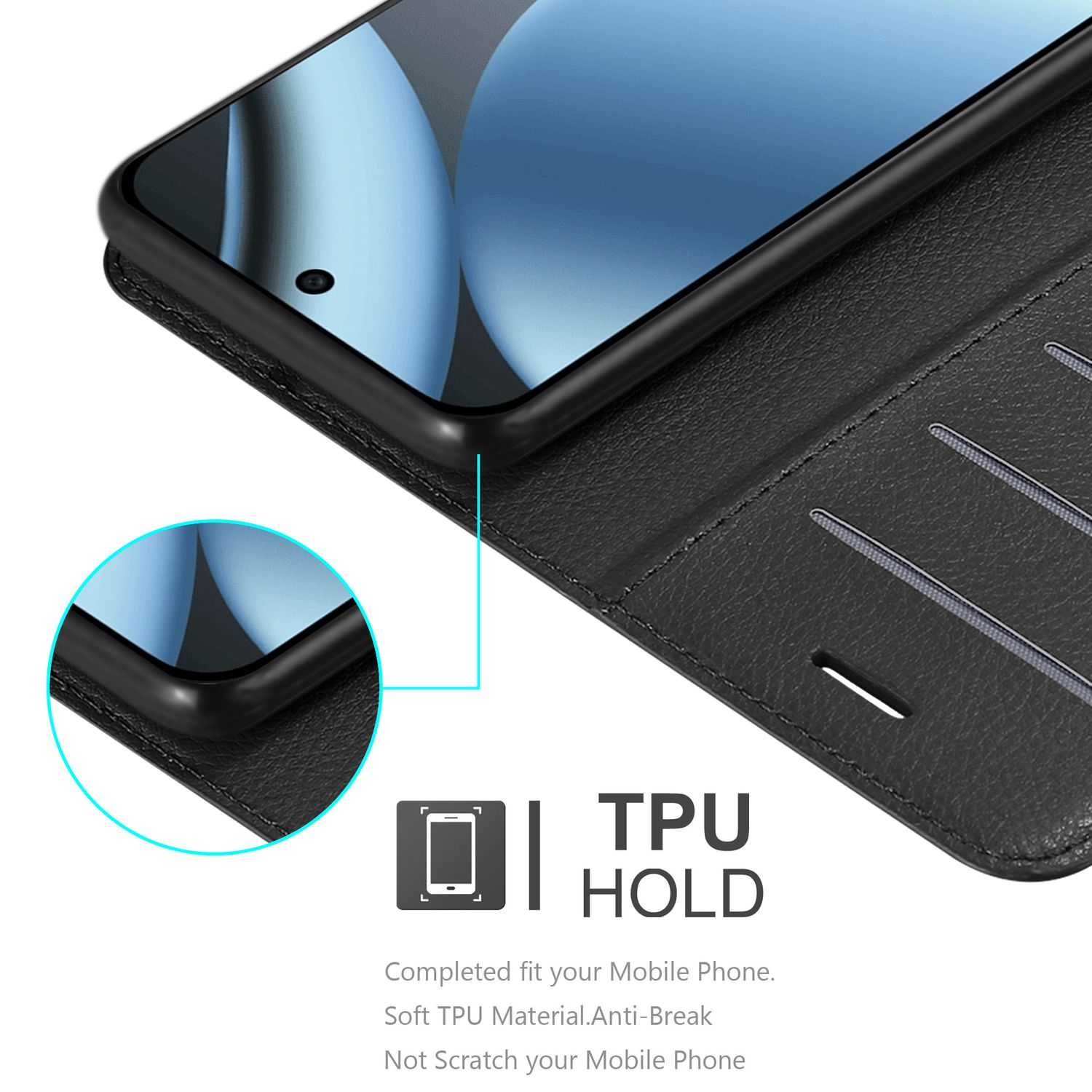 Eine schwarze Handyhülle mit einem Telefon darin. Auf der Hülle ist TPU HOLD aufgedruckt.