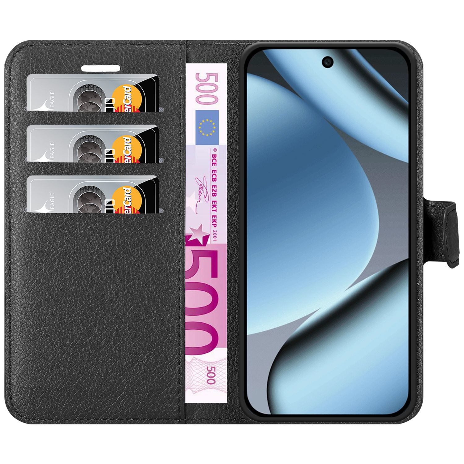 Schwarze Handyhülle mit Smartphone. Enthält Kreditkarten und einen 500-Euro-Schein. Der Bildschirm zeigt ein blaues Design.