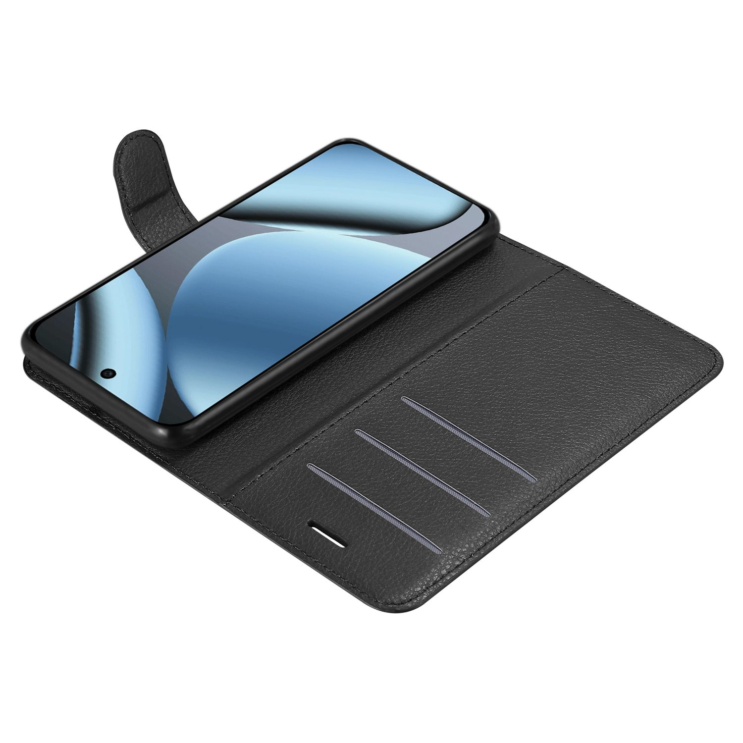 Schwarze Handyhülle geöffnet, mit Handy darin. Hülle lederartig, mit Kartenfächern. Telefonbildschirm ist blau.