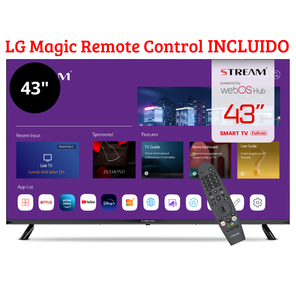 Un televisor de 43 pulgadas con un control remoto, mostrando el webOS Hub. Las aplicaciones como Netflix y YouTube se muestran en la pantalla.
