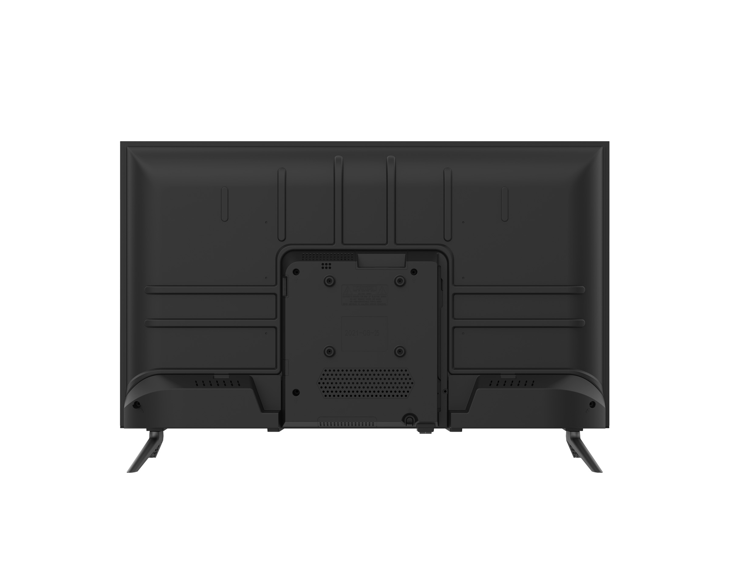 Se muestra la parte trasera de un televisor de pantalla plana negro, con puertos y ventilaciones. Se apoya en dos patas negras.