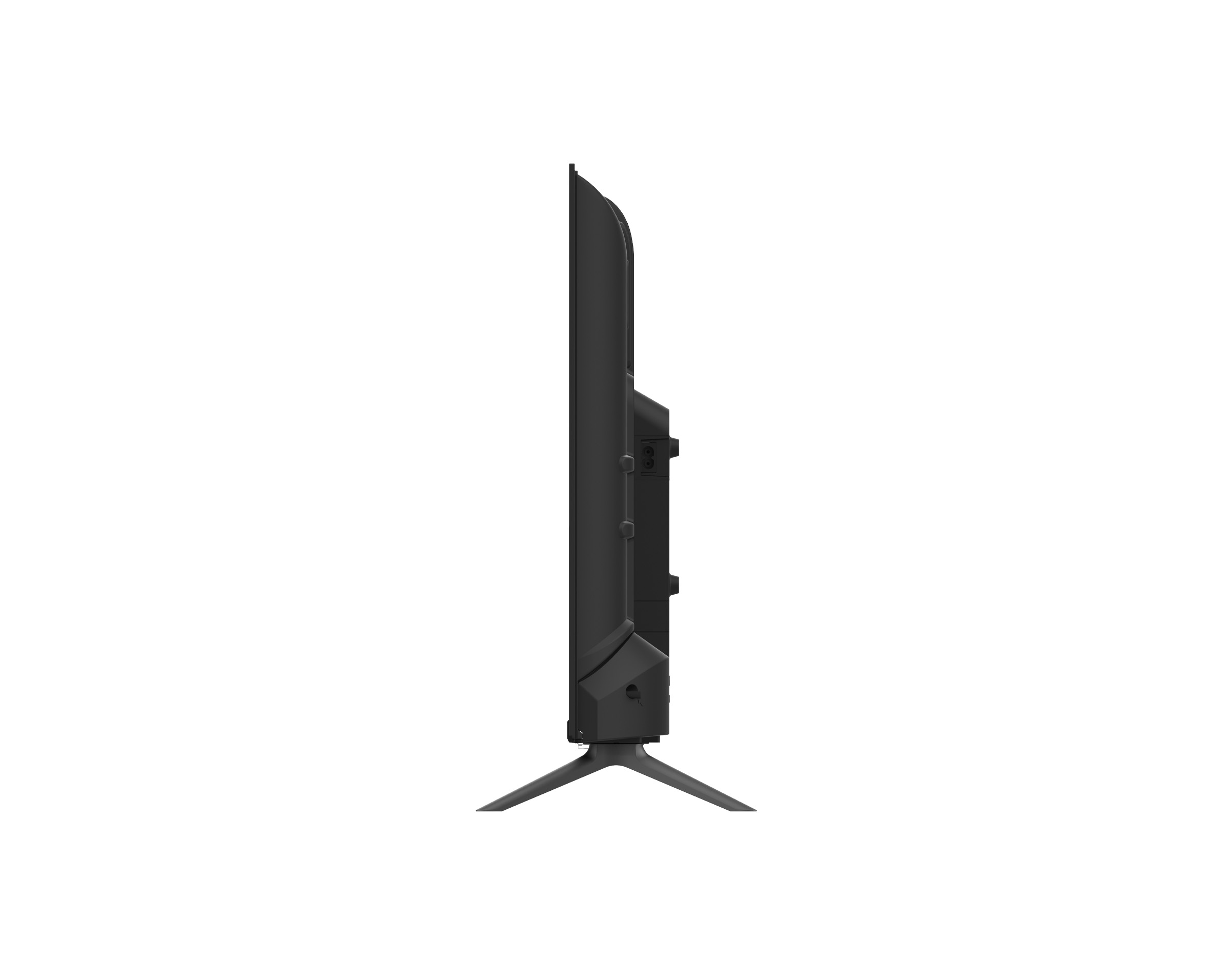 Vista lateral de un televisor negro. Tiene un soporte y está sobre un fondo blanco.