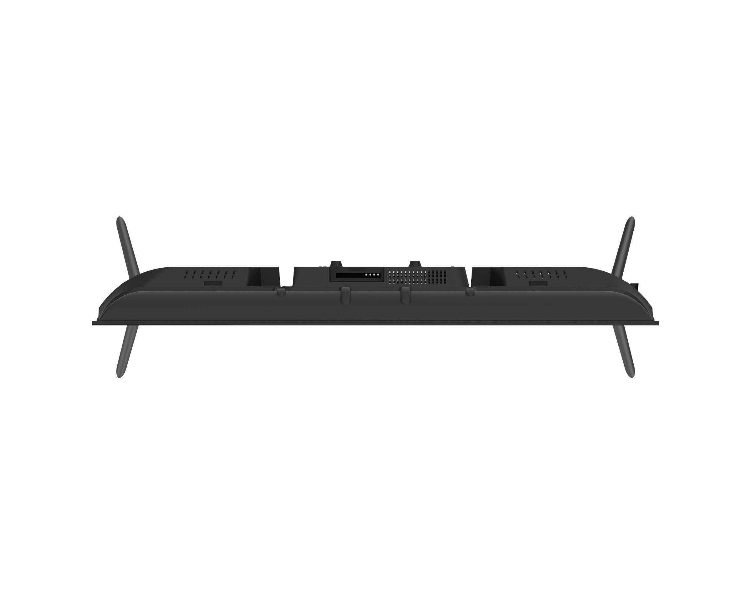 Un televisor negro desde arriba, con dos antenas y fondo blanco.