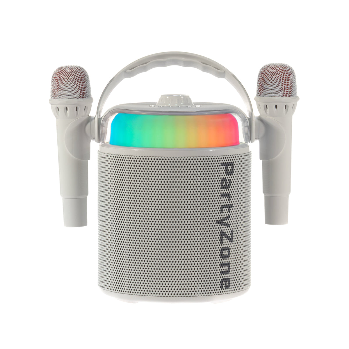 Eine weiße Karaoke-Maschine mit zwei Mikrofonen. Sie hat ein Regenbogenlicht und einen Griff. Der Lautsprecher ist zylindrisch.