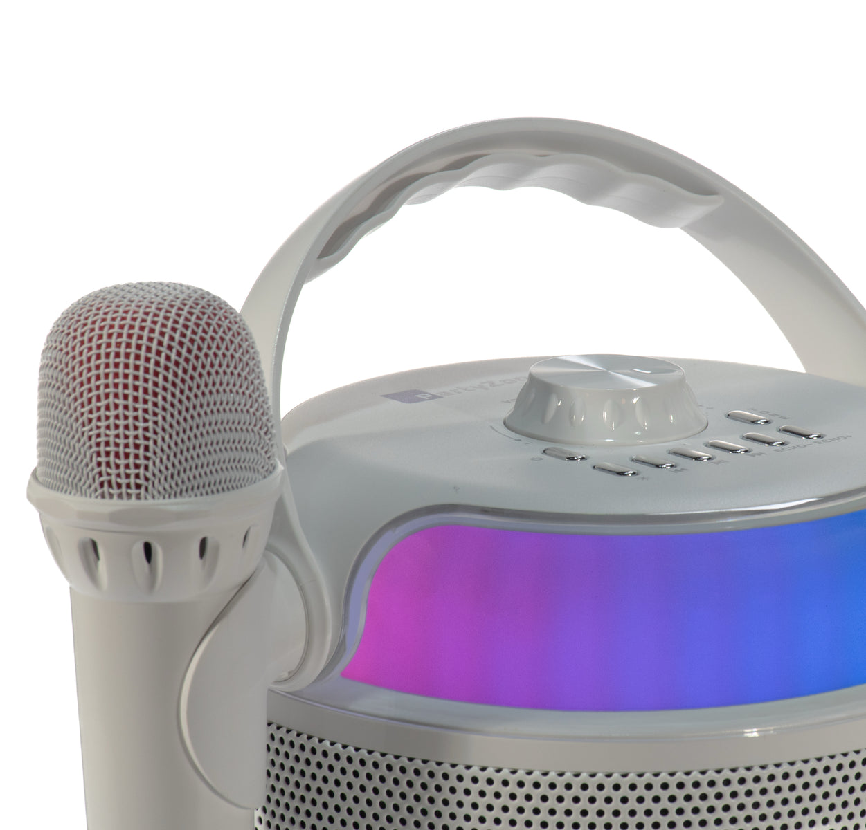 Eine weiße Karaoke-Maschine mit Mikrofon. Die Maschine hat einen Griff und bunte Lichter. Das Mikrofon ist im linken Vordergrund.