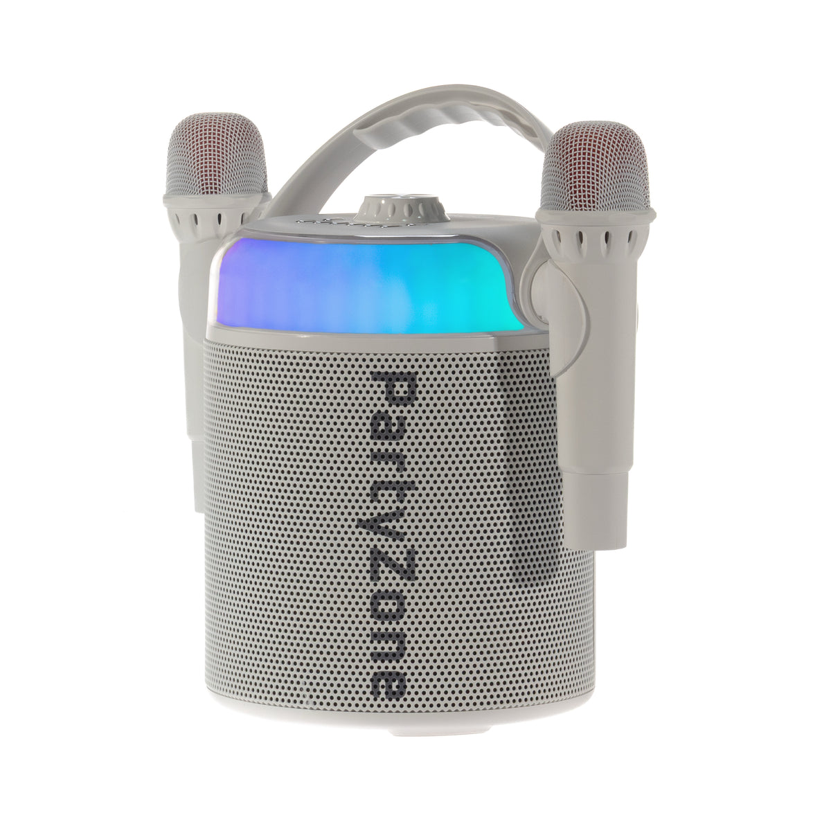 Ein weißer Party Zone-Lautsprecher mit zwei Mikrofonen. Der Lautsprecher hat einen Griff und bunte Lichter. 'Party Zone' ist darauf gedruckt.