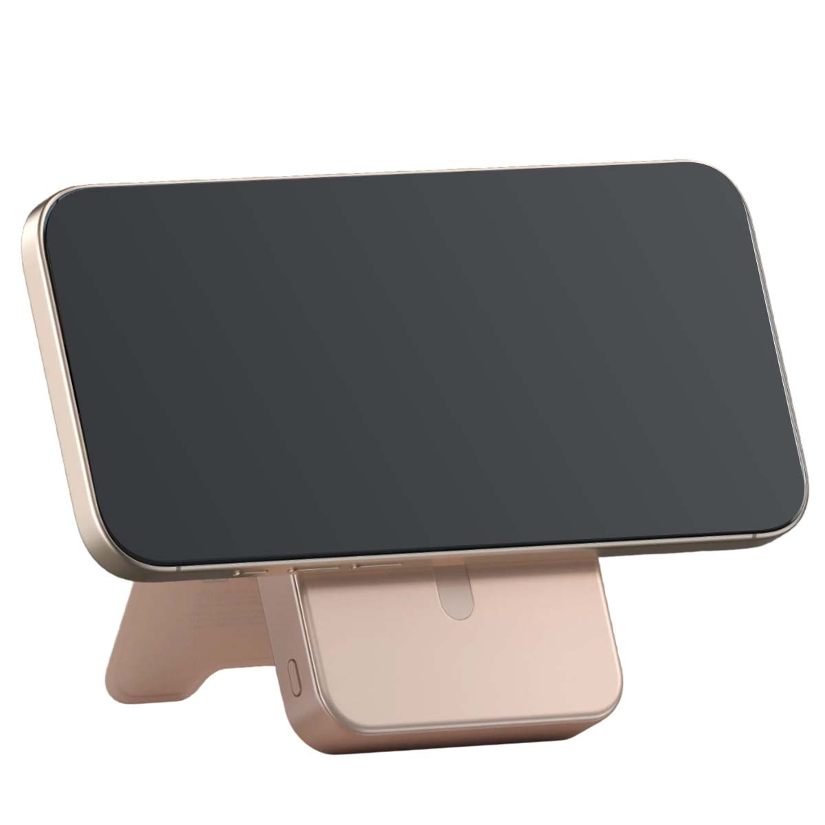 Ein roségoldener Telefonständer mit schwarzem Bildschirm. Der Ständer hat eine rechteckige Basis mit kleiner Öffnung. Der Bildschirm ist geneigt.