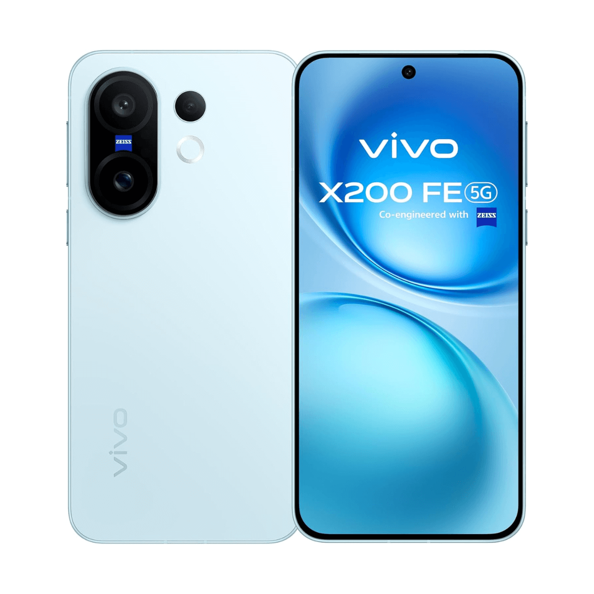 Ein hellblaues Vivo X200 FE 5G-Telefon auf weißem Hintergrund. Es hat eine Dreifachkamera und ein gebogenes Display.