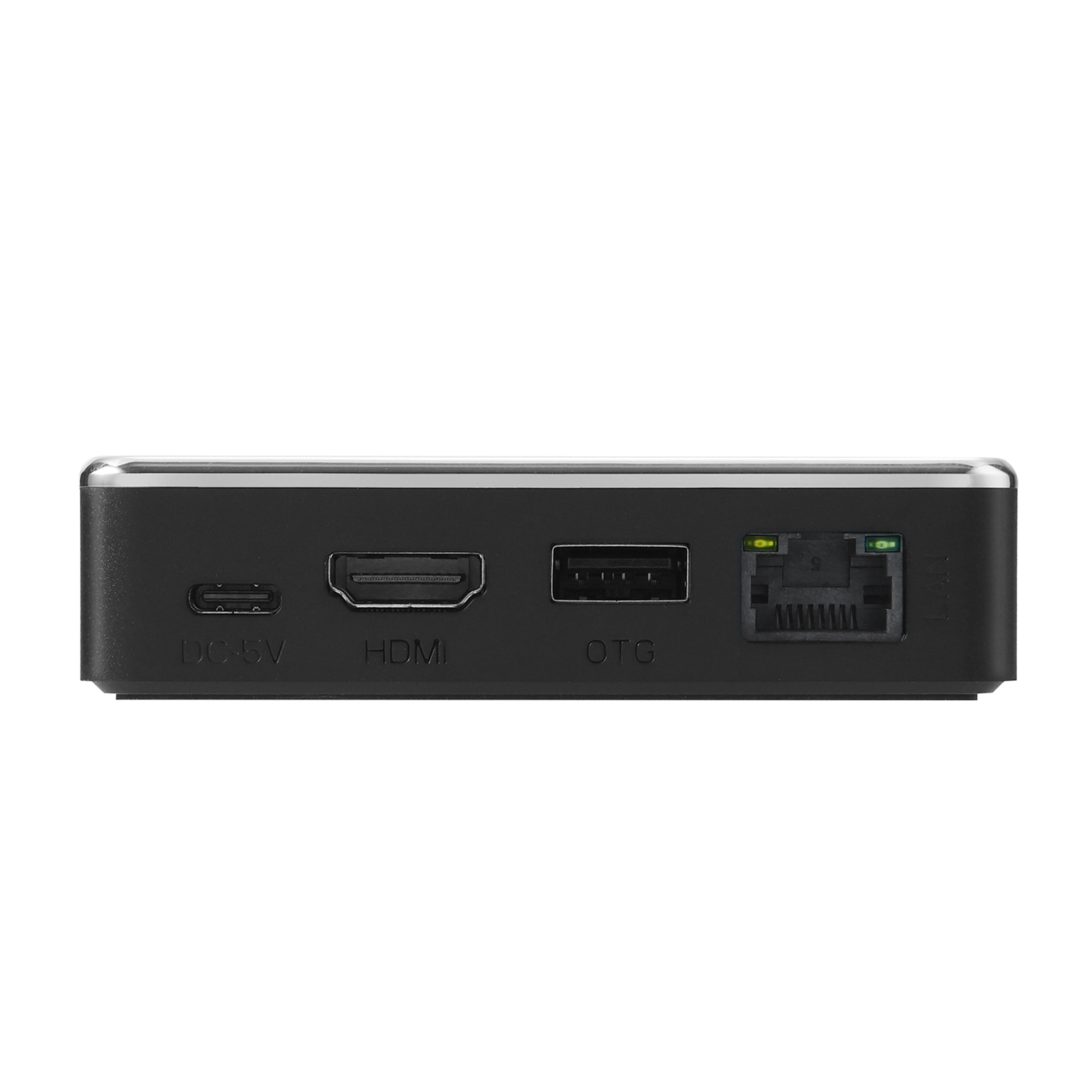 Schwarzer Mediaplayer mit HDMI-, OTG- und Ethernet-Anschlüssen. Silberne Zierleiste. USB-C- und DC-5V-Anschlüsse sichtbar.