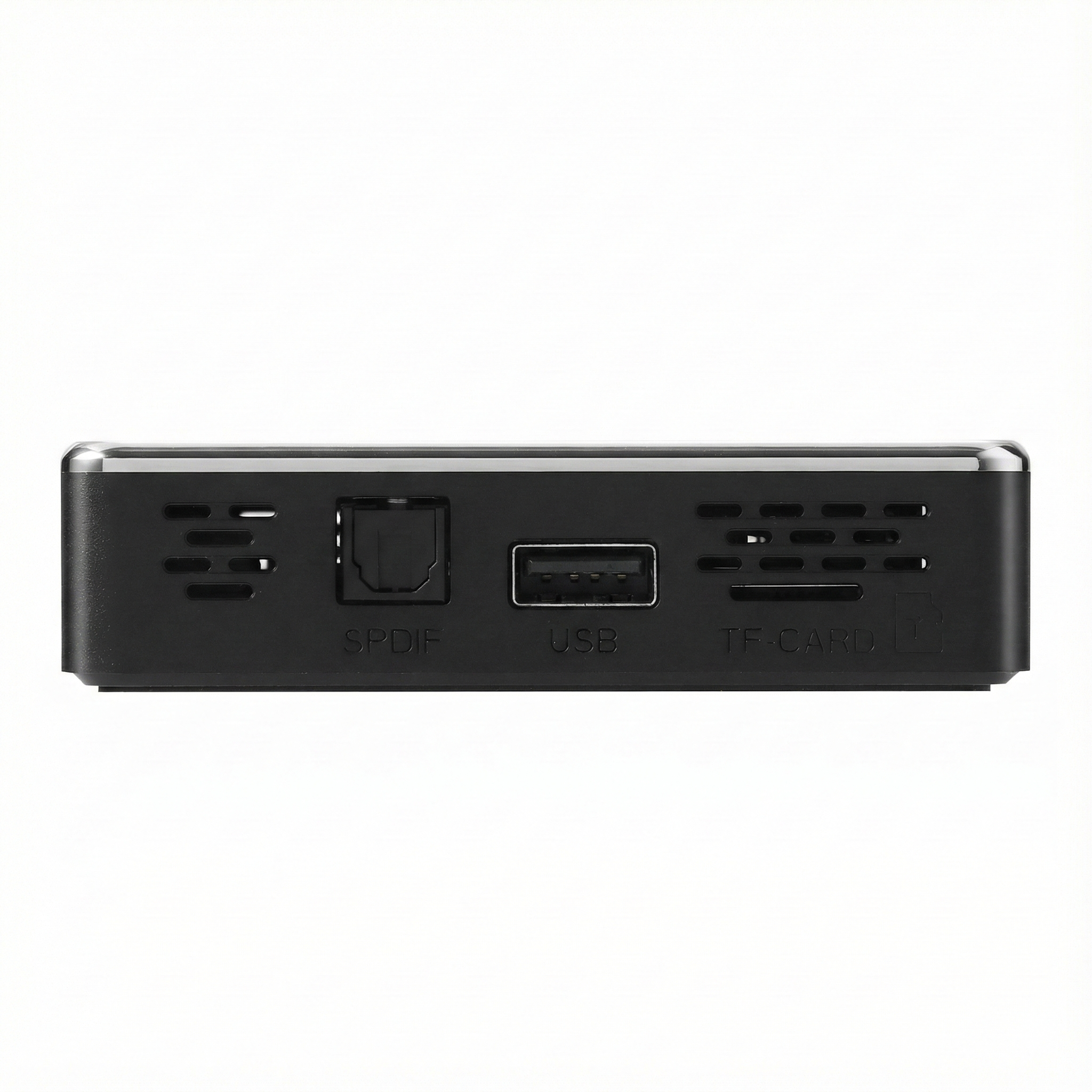 Ein schwarzer Mediaplayer mit SPDIF-, USB- und TF-Kartenanschlüssen auf weißem Hintergrund.