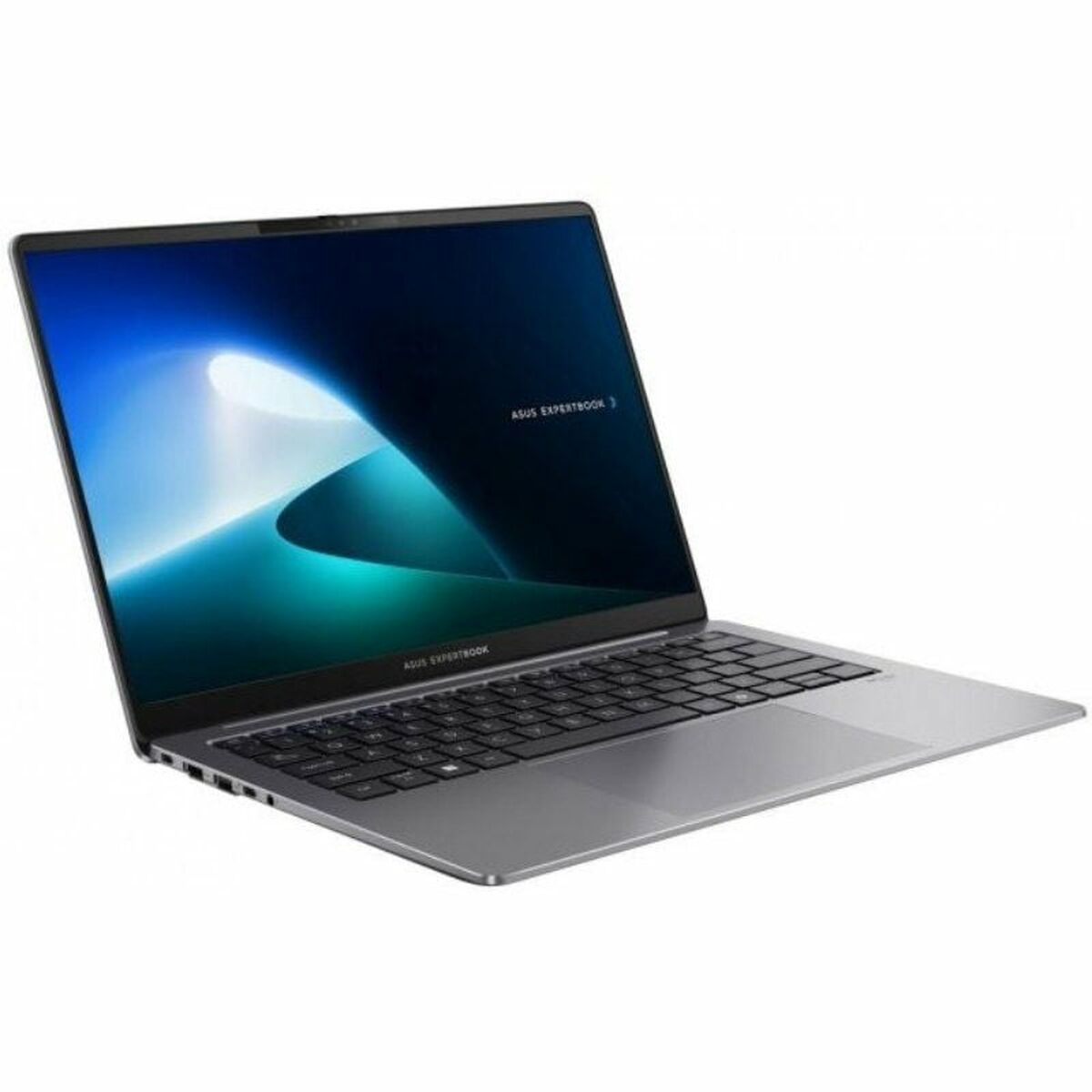 Una laptop Asus ExpertBook plateada está abierta. La pantalla muestra un diseño abstracto azul y blanco. El teclado es negro.