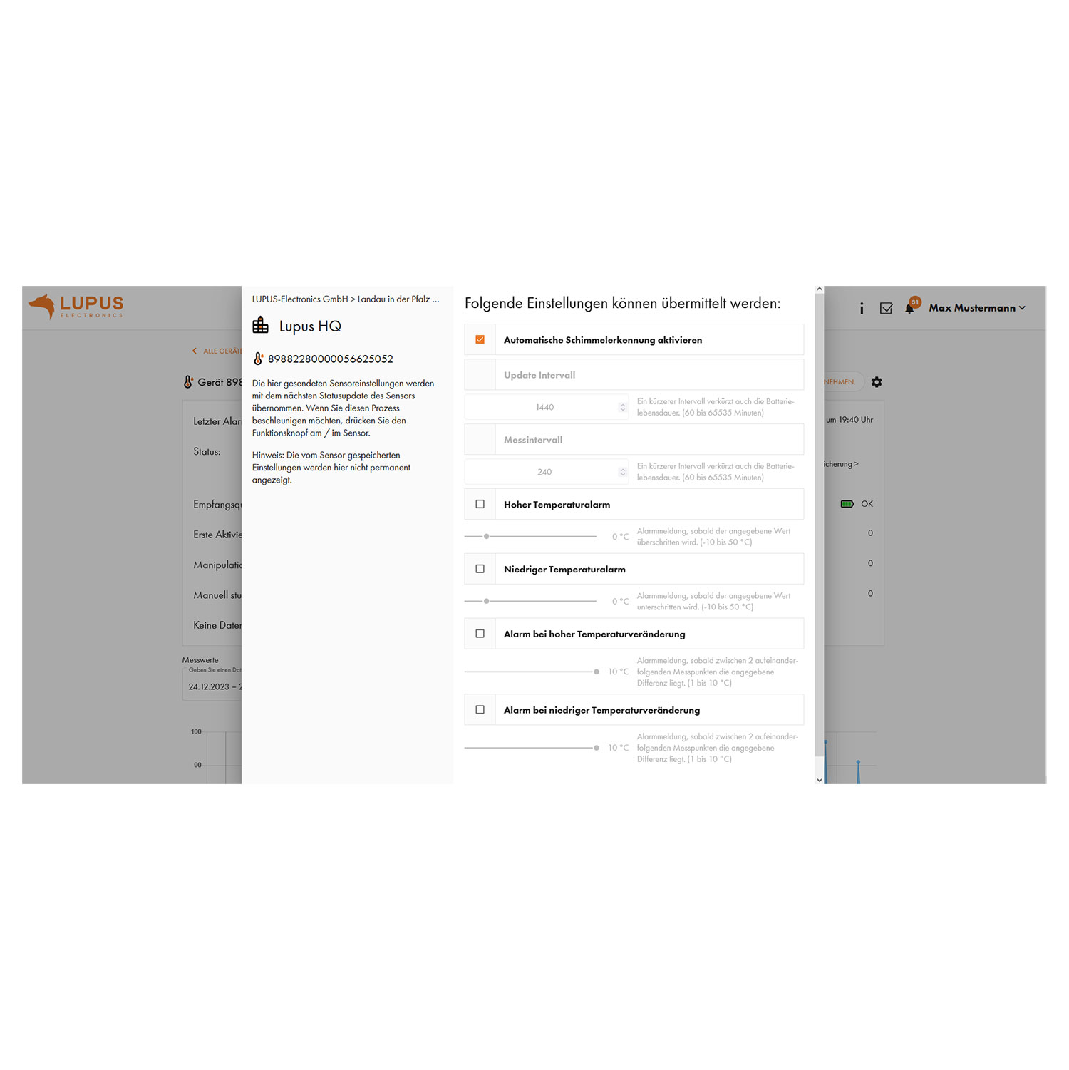 Uno screenshot mostra le impostazioni di Lupus HQ. Le opzioni includono l'intervallo di aggiornamento, gli allarmi di temperatura e un'icona del profilo utente.