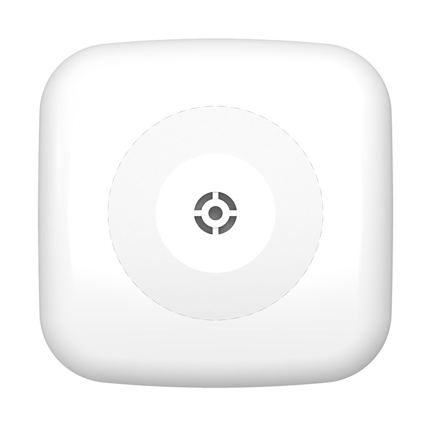 Un dispositivo quadrato bianco e arrotondato. Ha una caratteristica centrale circolare con un design grigio scuro simile a un bersaglio.