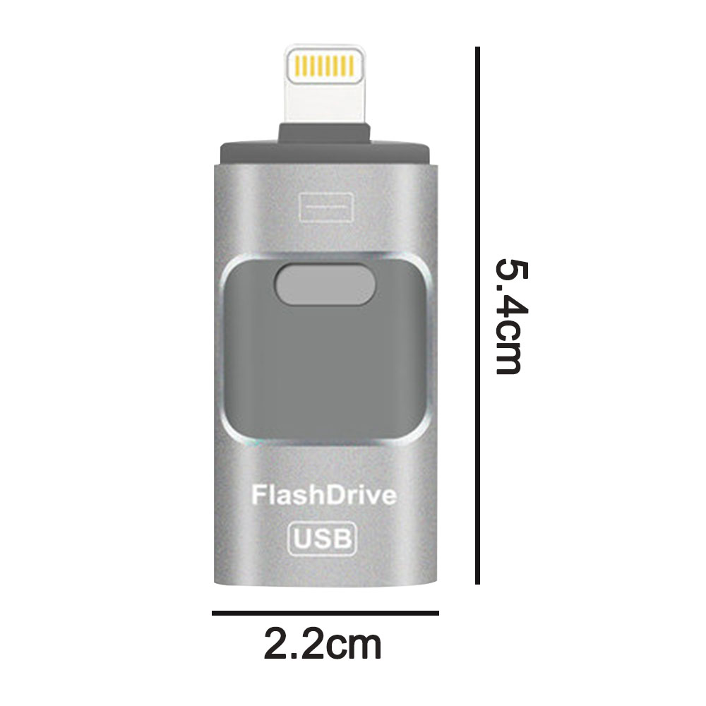 Ein silberner USB-Stick mit Apple Lightning-Anschluss. Er hat eine graue Mitte und die Worte "FlashDrive USB".