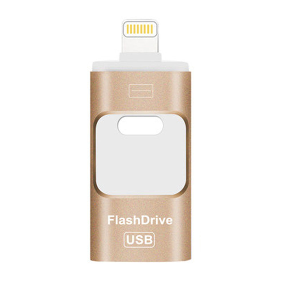 Ein goldfarbener USB-Stick mit weißem Einsatz, Lightning-Anschluss und den Aufschriften FlashDrive und USB.
