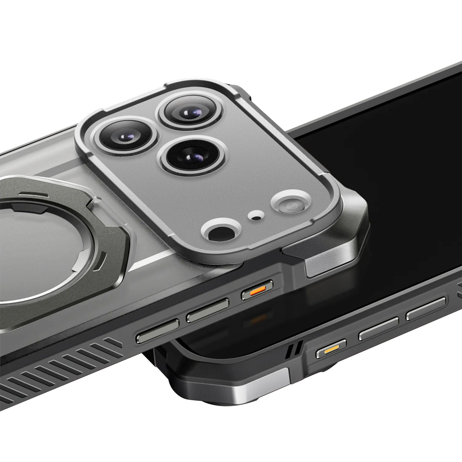 Eine Handyhülle mit Kameraschutz. Die Hülle ist grau und schwarz. Der Kameraschutz hat drei Objektive.