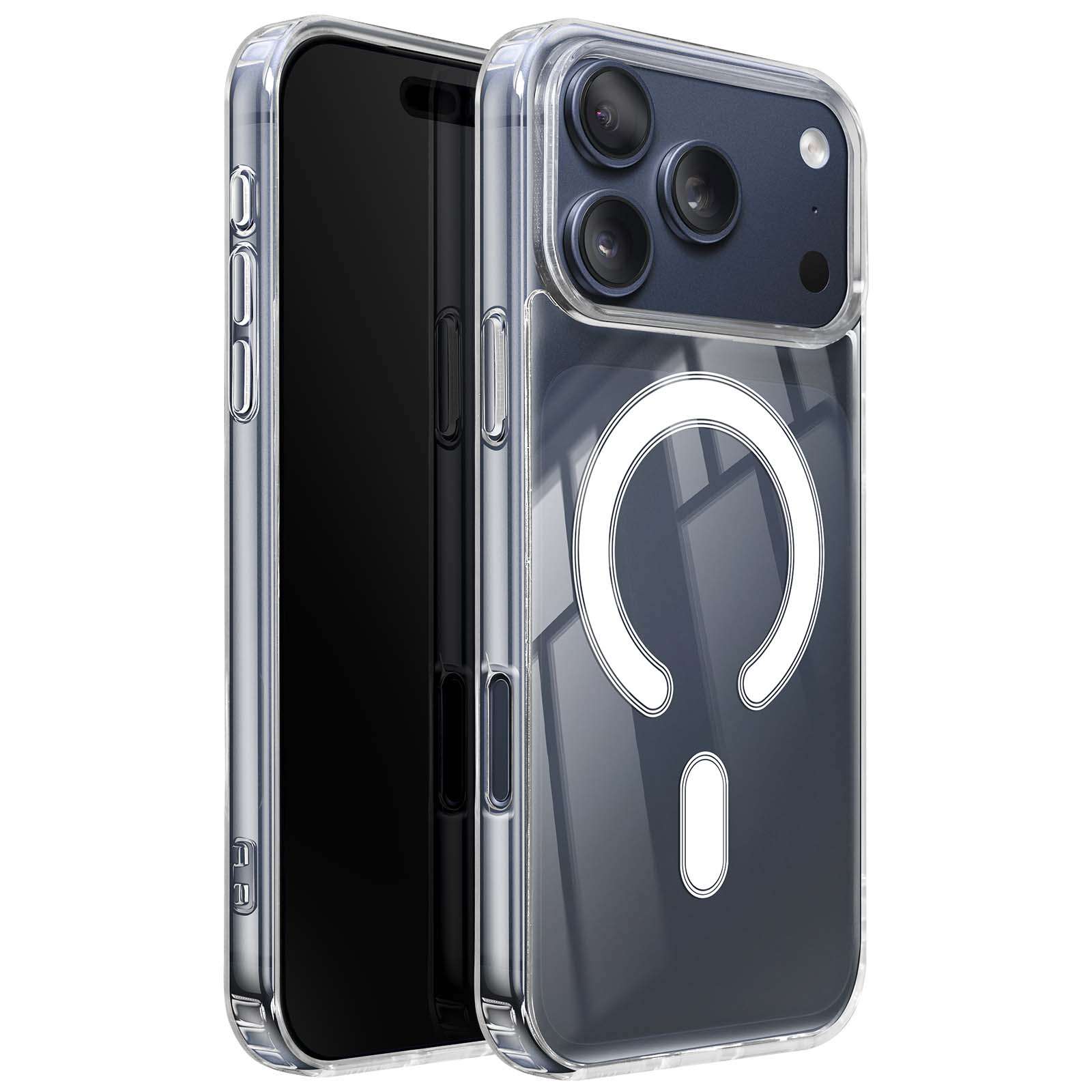 Custodia trasparente con telefono. La custodia ha un design circolare bianco. Il telefono è nero.