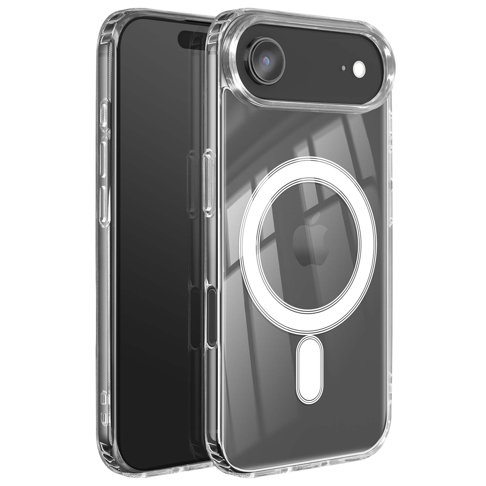 Custodia trasparente per telefono con design circolare bianco e fotocamera. Il telefono è nero. Su sfondo bianco.