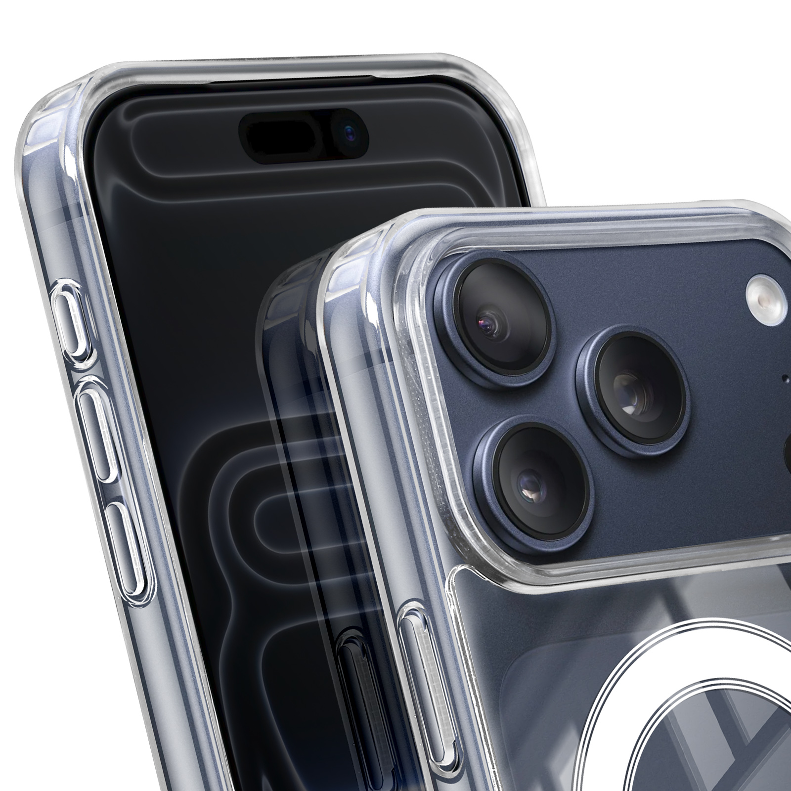 Due smartphone con custodie trasparenti. Una custodia ha una fotocamera a tripla lente. L'altra ha schermo e pulsanti laterali.
