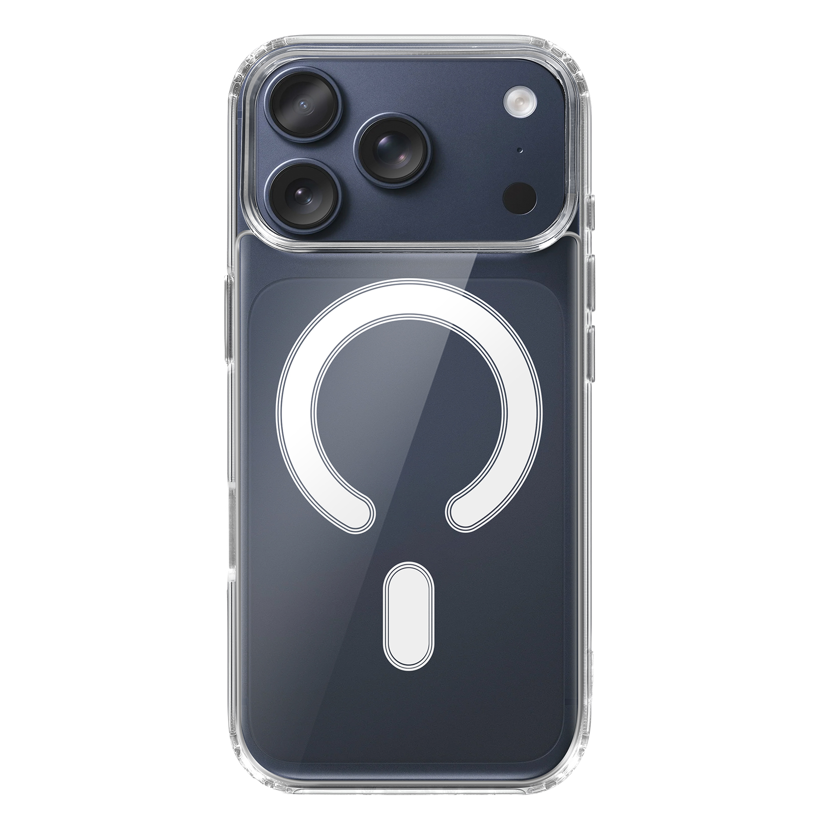 Custodia trasparente su telefono blu scuro. Design MagSafe bianco visibile. Configurazione a tripla lente in alto.