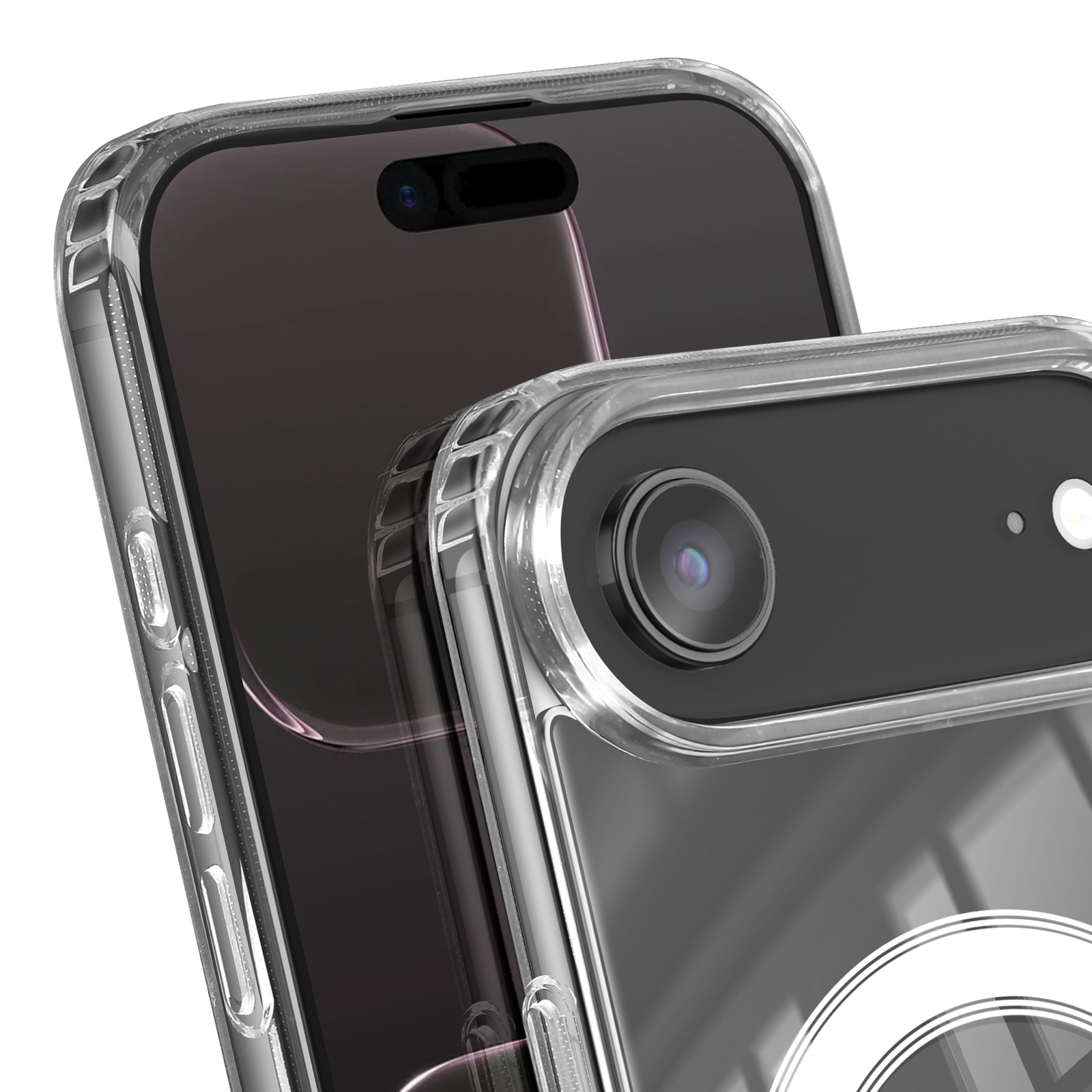 Primo piano di due smartphone in custodie trasparenti. I telefoni hanno fotocamere e sono impilati. Le custodie sono trasparenti.