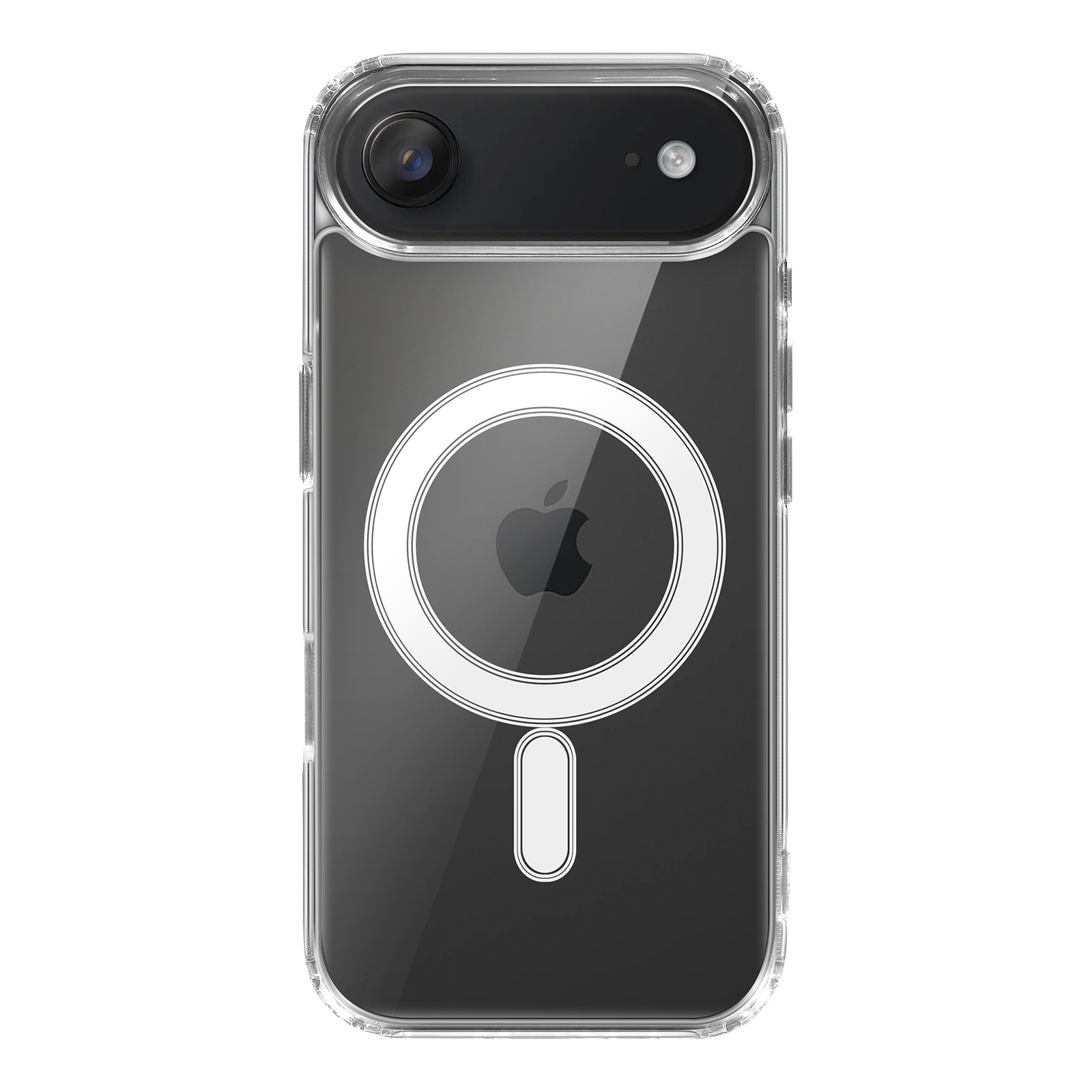Una custodia trasparente per iPhone. Il retro ha un cerchio bianco con un logo Apple e un rettangolo verticale bianco.