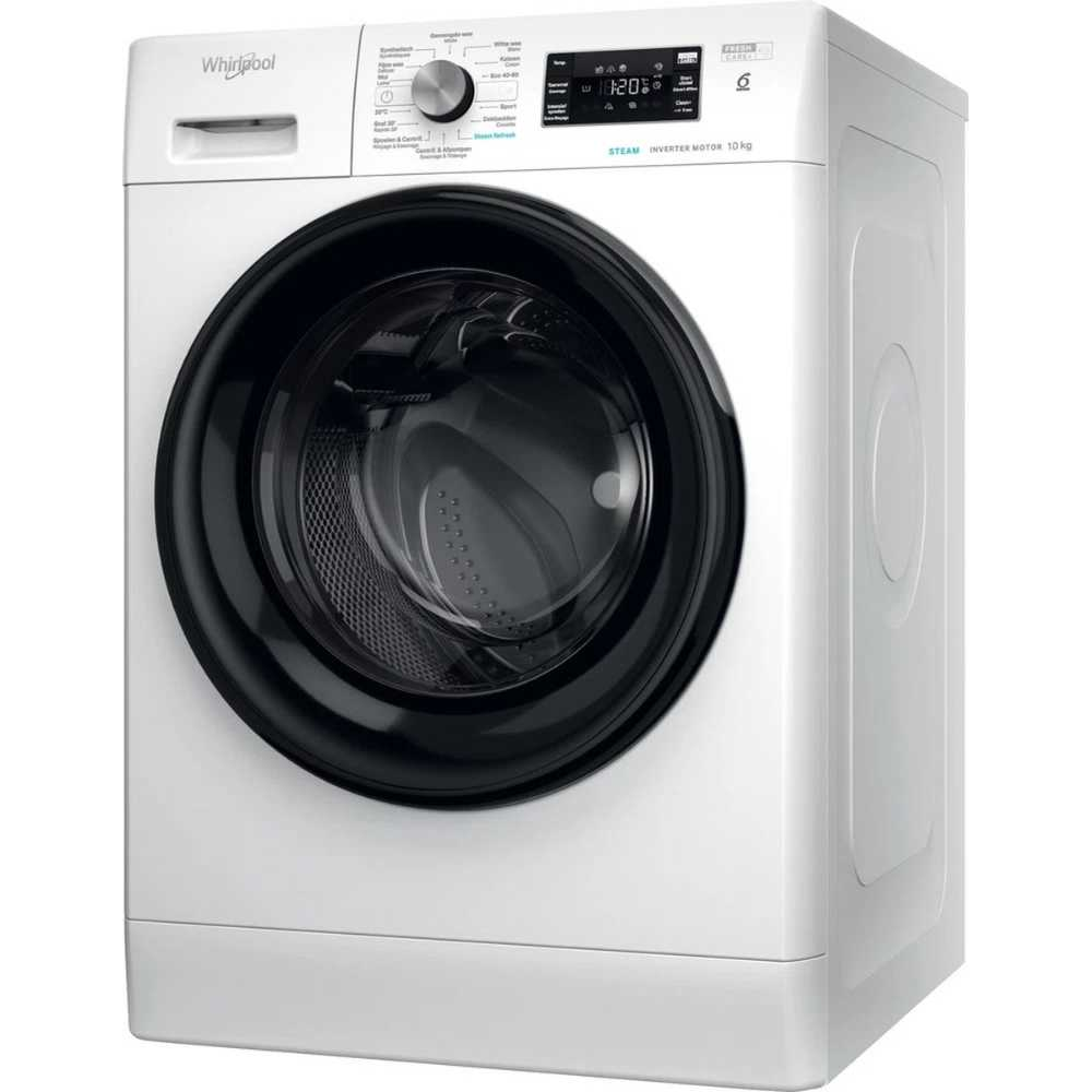 A white Whirlpool washing machine. It has a black door, a control panel on top, and a digital display.
