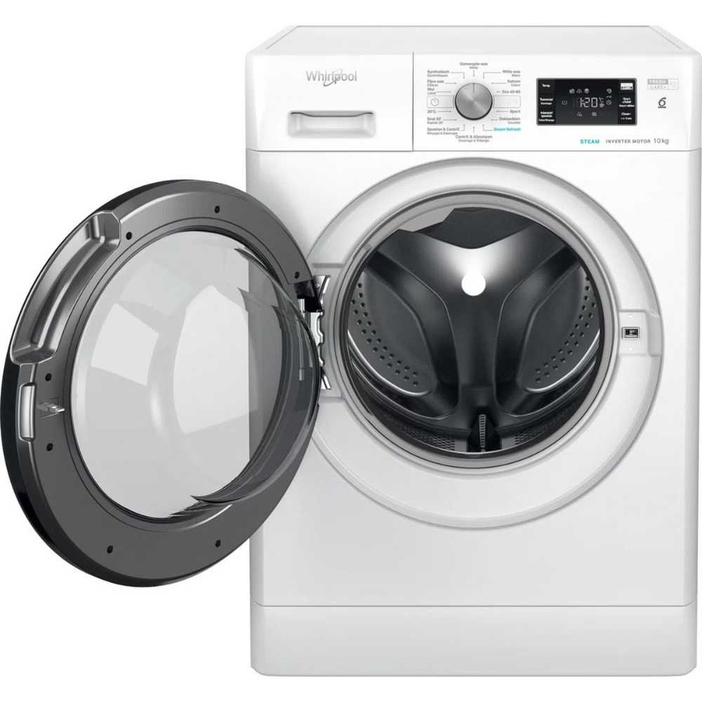 A white Whirlpool washing machine with an open door. The control panel is visible. The door has a dark gray rim.