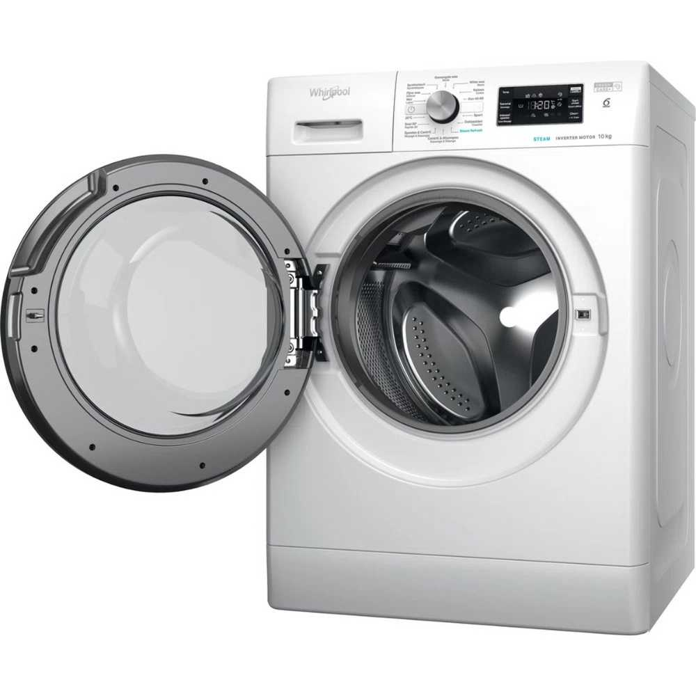 A white Whirlpool washing machine with an open door. The control panel is visible, and the drum is stainless steel.