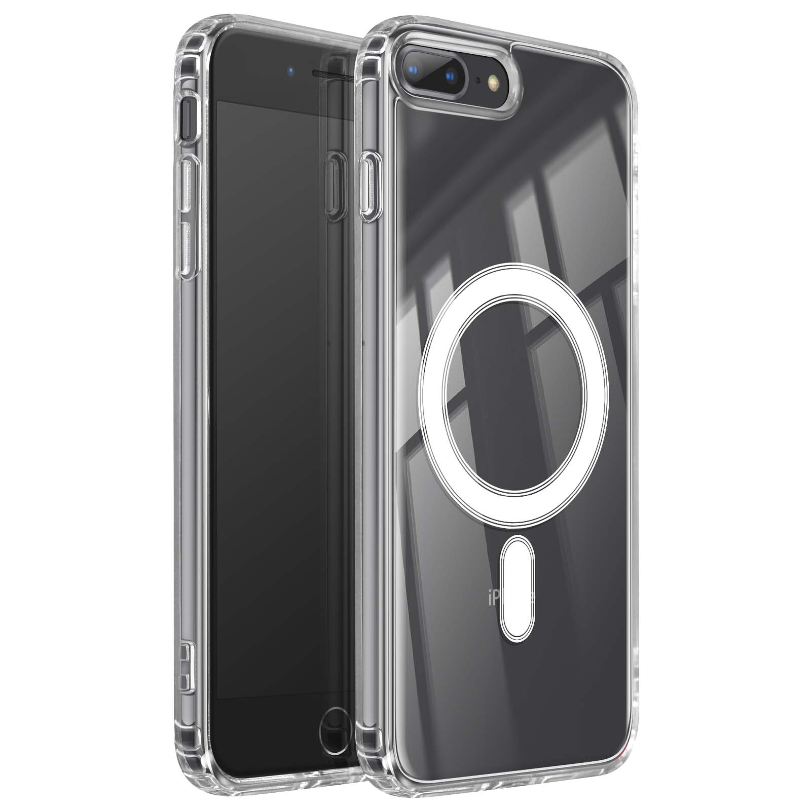 Due custodie trasparenti per telefoni. Una con anello e rettangolo bianchi, l'altra con schermo nero.