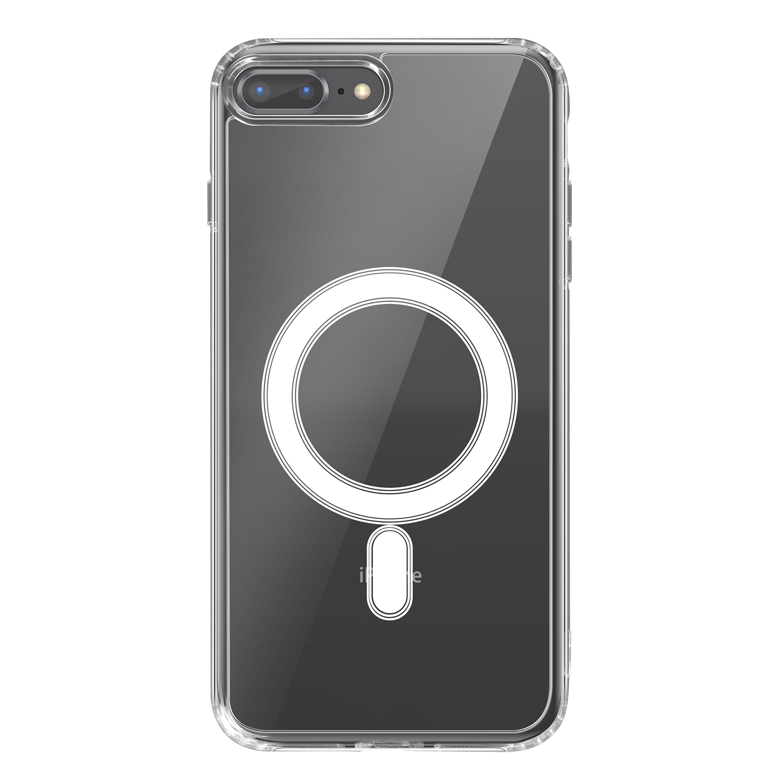 Custodia trasparente per telefono con design circolare bianco e sezione fotocamera. Su sfondo bianco.