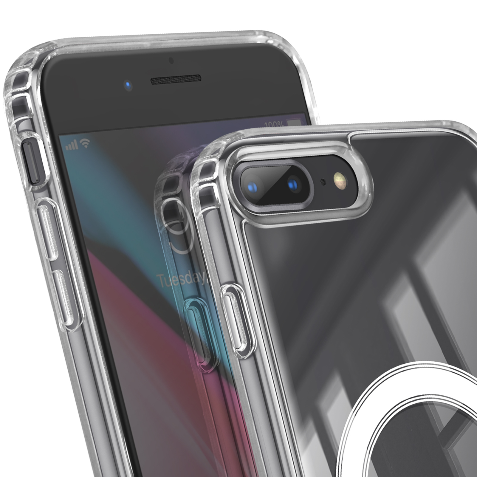 Primo piano di un telefono con una custodia trasparente. Lo schermo mostra l'ora e il segnale. Il telefono ha una custodia protettiva.