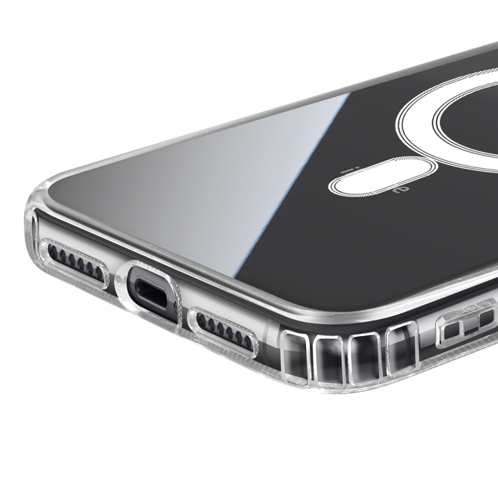 Primo piano di una custodia trasparente per telefono con un telefono nero all'interno. La custodia ha una superficie lucida e un design trasparente.
