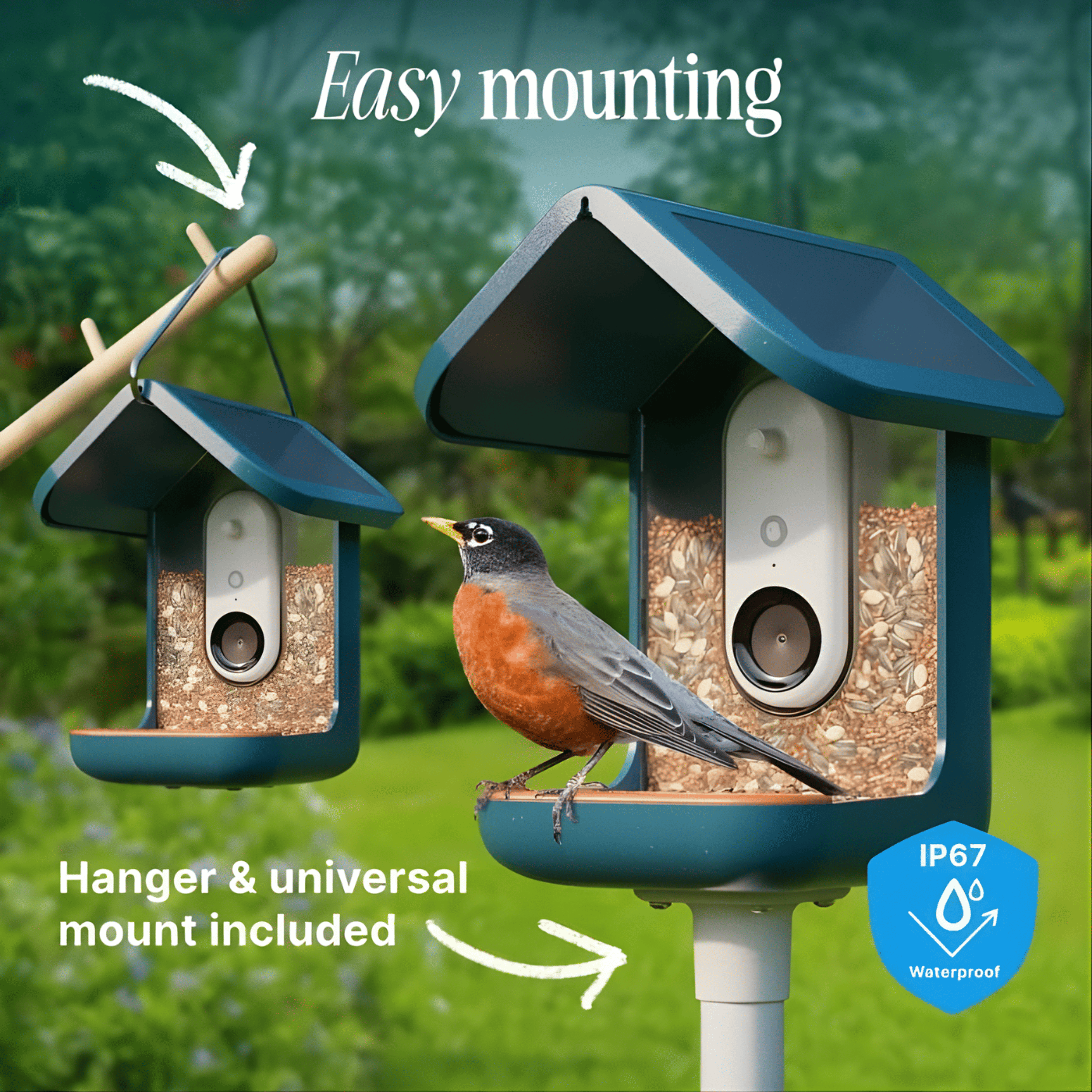 Un comedero para pájaros con un pájaro posado en él. El texto dice montaje fácil, colgador incluido e impermeable.