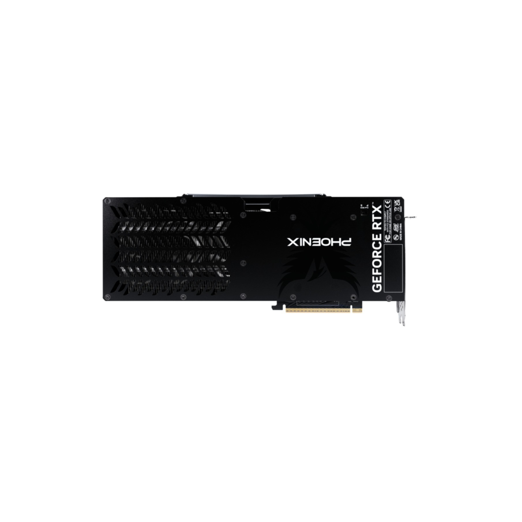 Black graphics card labeled "PHOENIX" and "GEFORCE RTX" on a white background. It has a fan and multiple connectors.