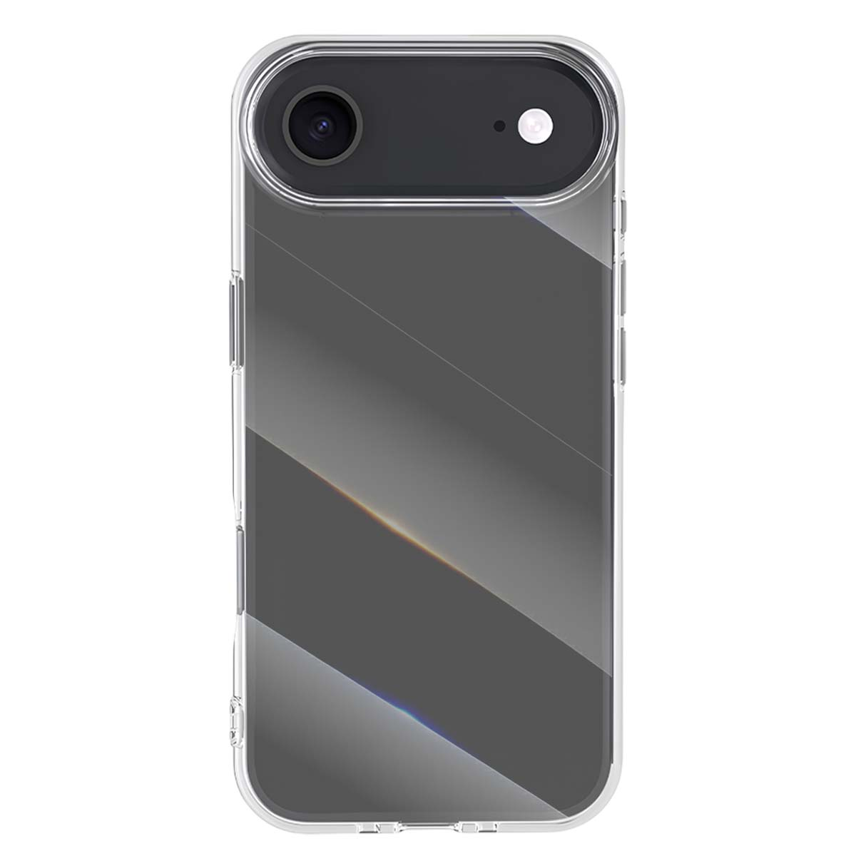 Una custodia trasparente per telefono con un design a gradiente grigio. Un obiettivo della fotocamera e il flash sono visibili in alto. La custodia ha una superficie lucida.