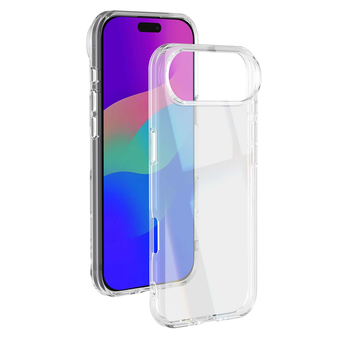 Una custodia trasparente per telefono accanto a un telefono con schermo viola. La custodia è trasparente, mostrando il design del telefono.