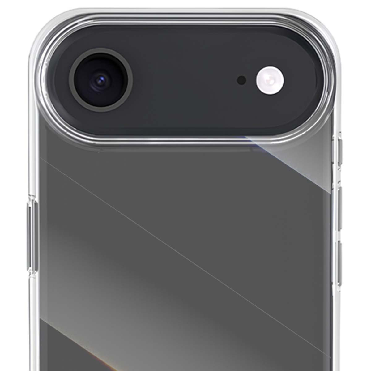 Primo piano di uno smartphone. L'obiettivo e il flash sono visibili all'interno di un rettangolo grigio scuro. Il telefono è in una custodia trasparente.