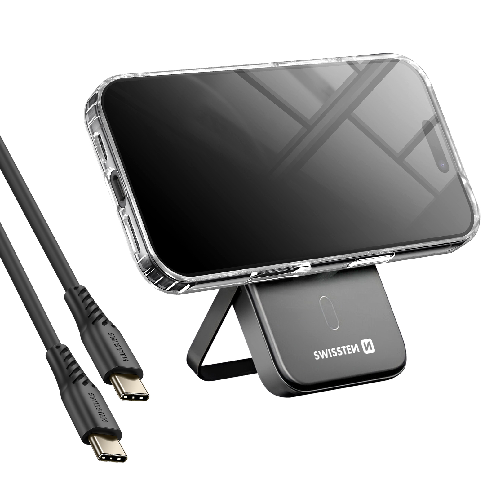 Ein Telefon auf einem Ständer mit einer transparenten Hülle und Ladekabeln. Der Ständer und die Kabel sind schwarz.
